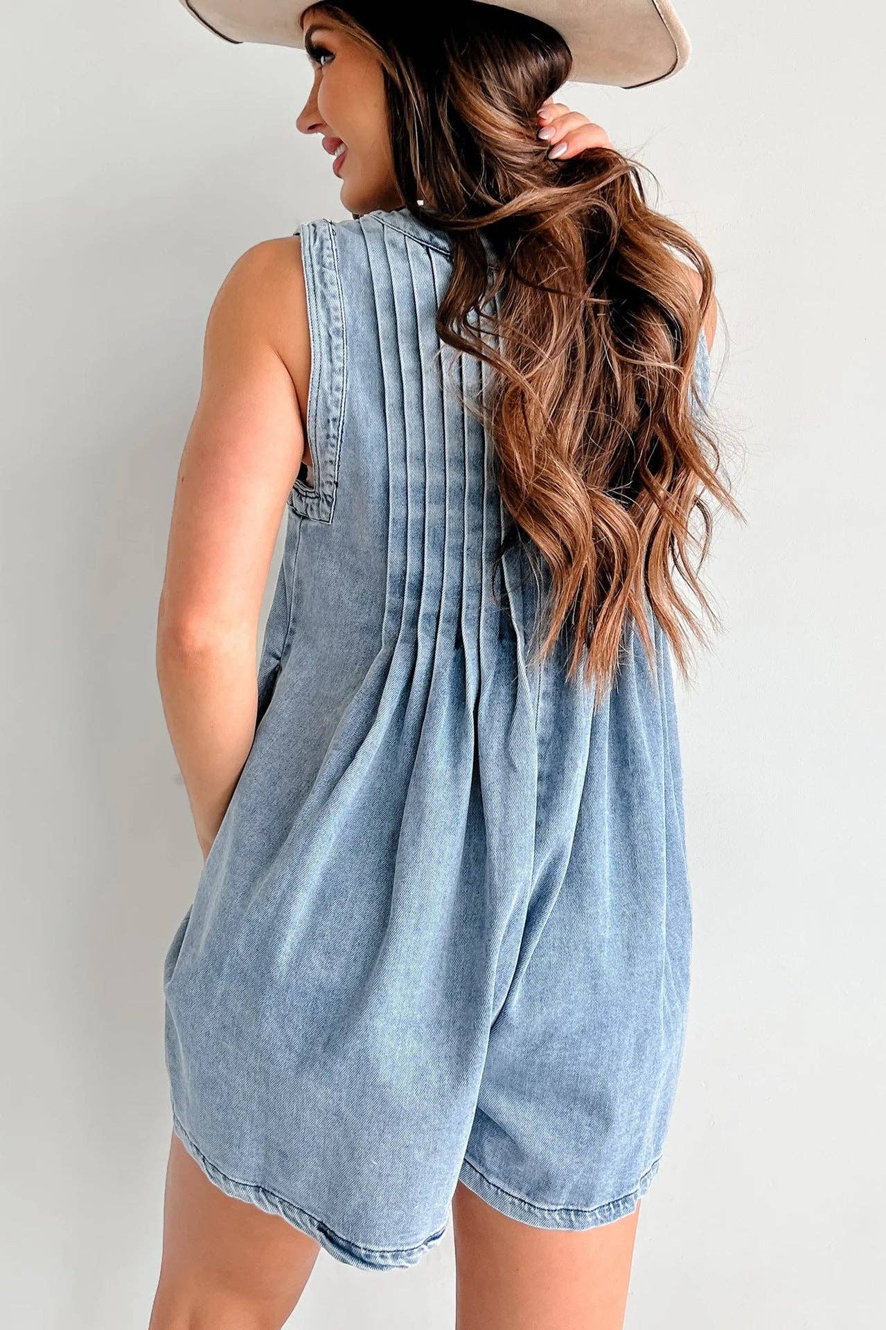 Ladies Tie Front V-Neck Sleeveless Denim Romper