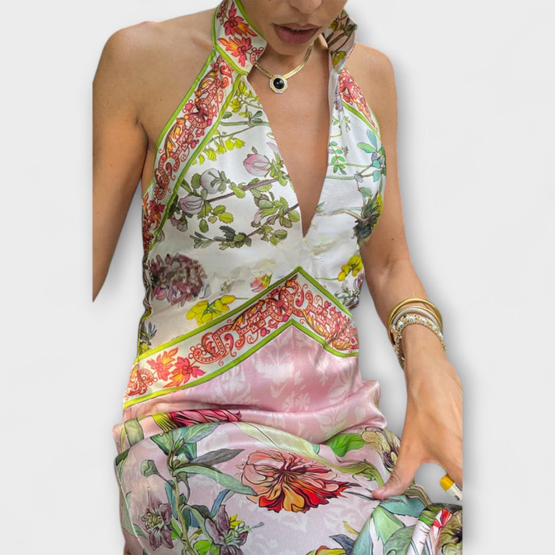 Ayla - Floral Print Sleeveless Maxi Dress with Open Back