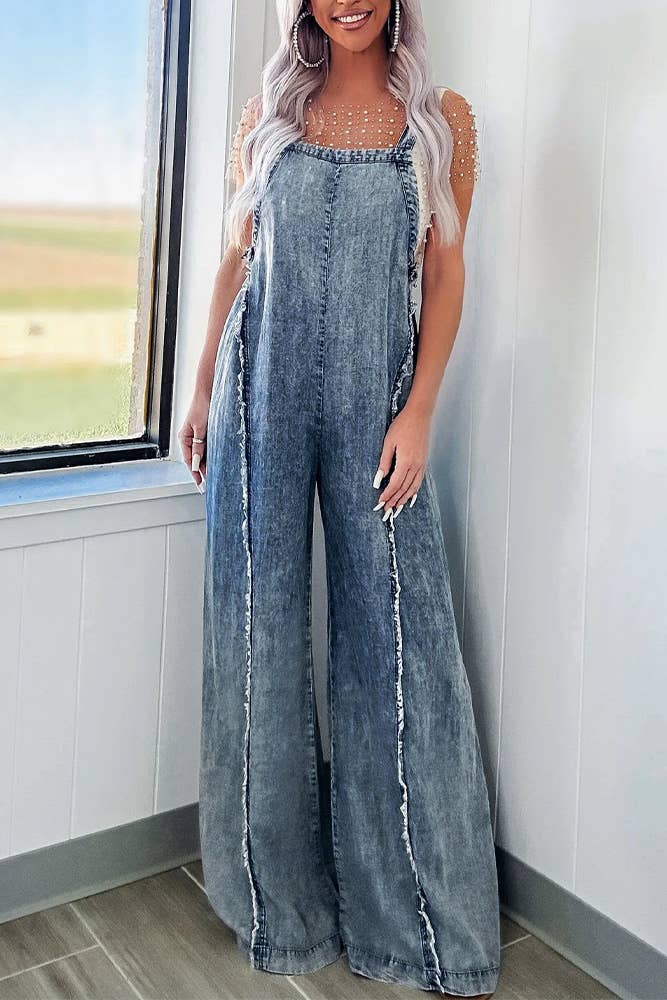 Washed Raw Hem One Piece Wide Leg Jumpsuit Overall