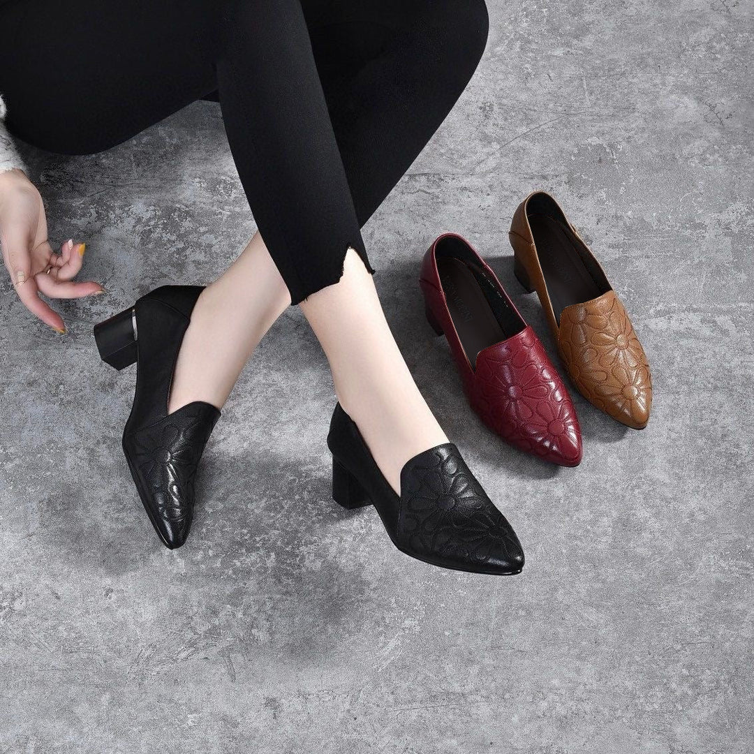 Tonette - Plush Leather Embroidered Heels