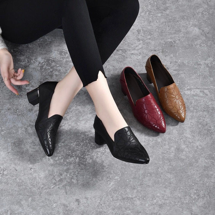 Tonette - Plush Leather Embroidered Heels