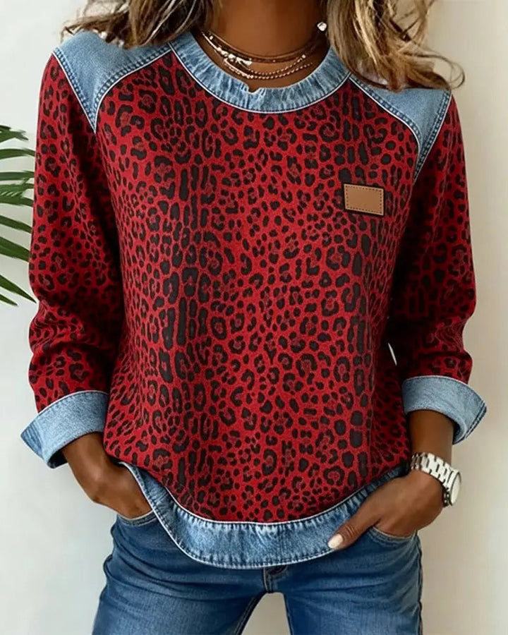 Patchwork Denim Sweater with Leopard Print