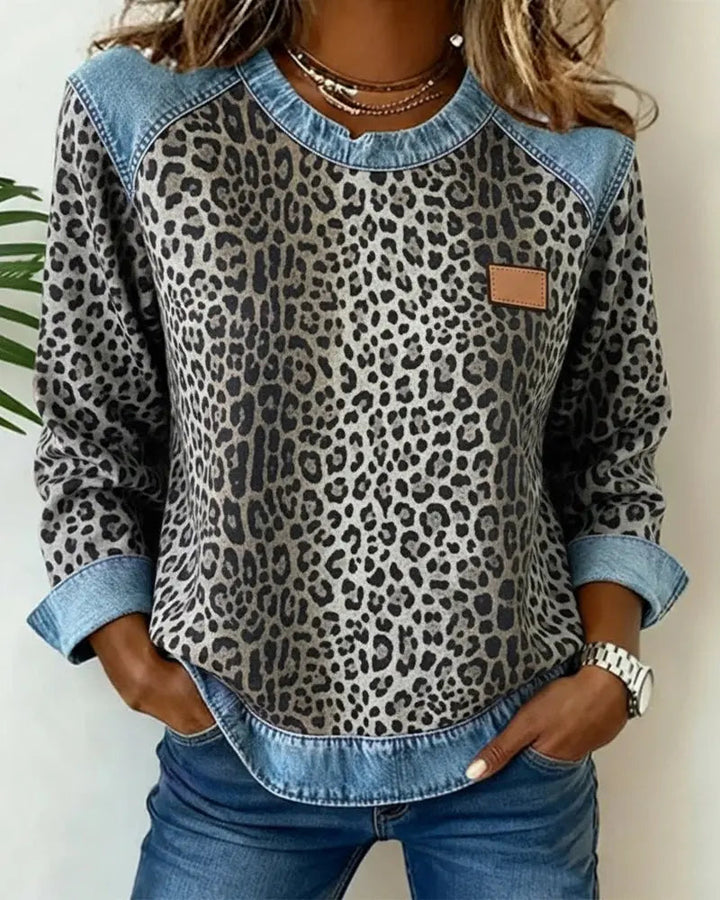 Patchwork Denim Sweater with Leopard Print