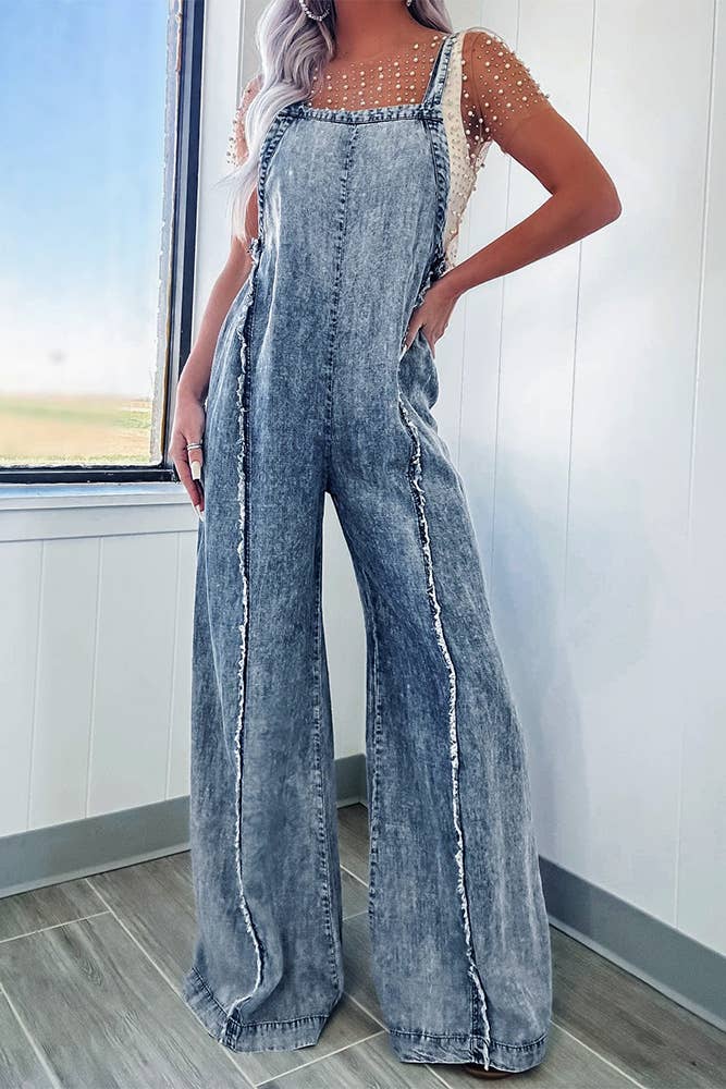 Washed Raw Hem One Piece Wide Leg Jumpsuit Overall