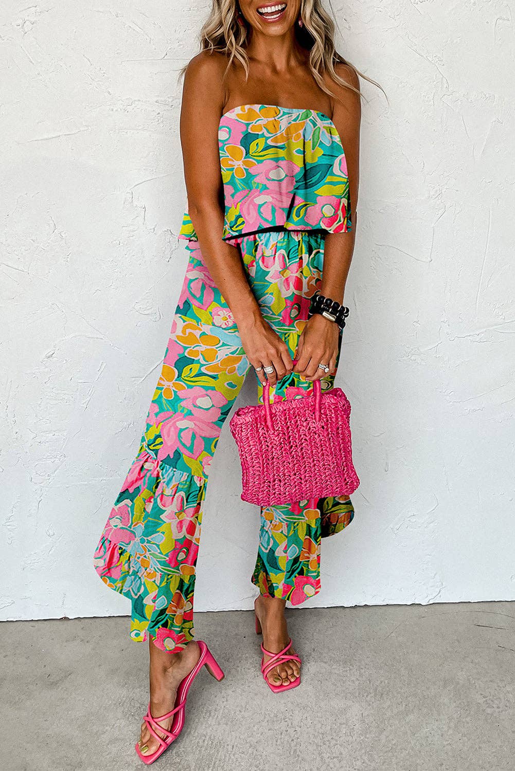 Tropical Strapless Ruffle Jumpsuit