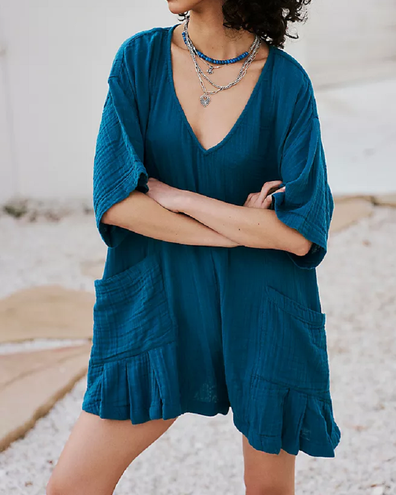 Flouncy Shapeless V-Neck Draped Sleeves Romper