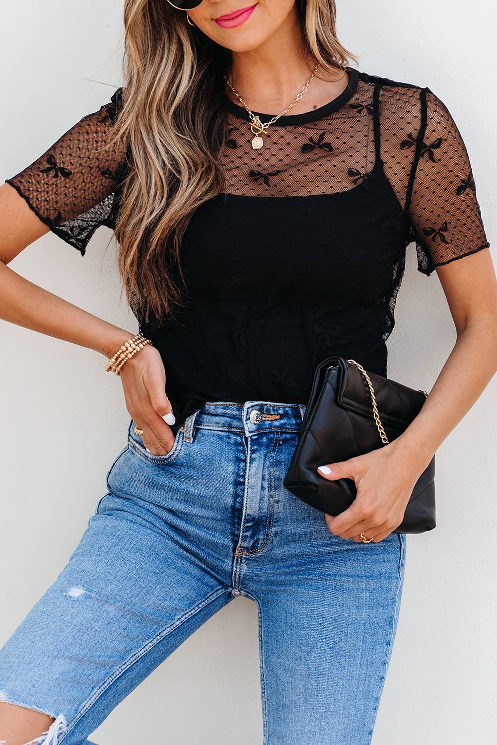 Bow Knot Dotted See-through Mesh Patched Slim Fit Blouse
