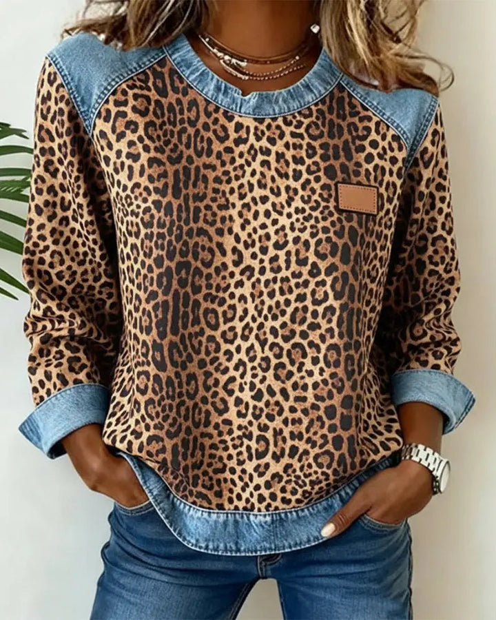 Patchwork Denim Sweater with Leopard Print