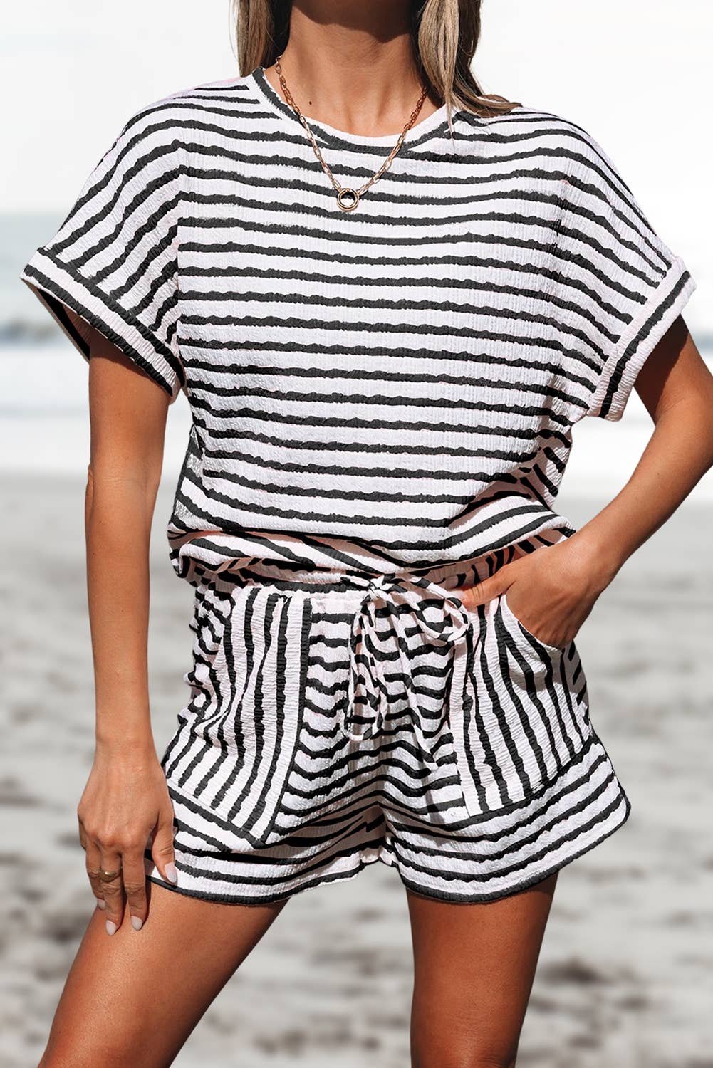 Stripe Knitted Top and Drawstring Shorts Set
