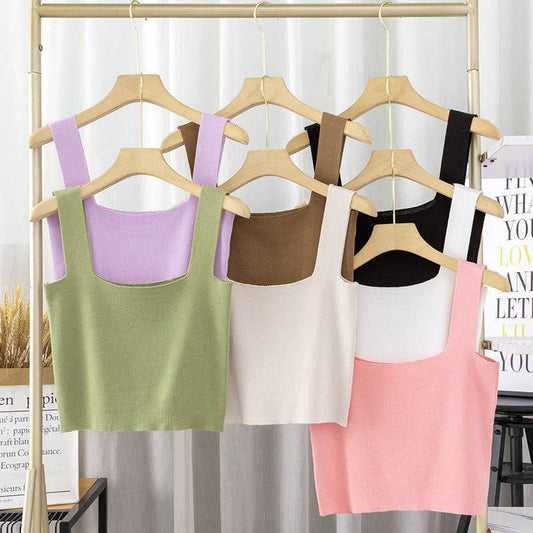 Solid Color Two Shoulder Daily Knit Crop Top