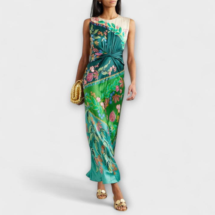 Aisling - Graceful Twisted Floral Maxi Dress with Draped Design