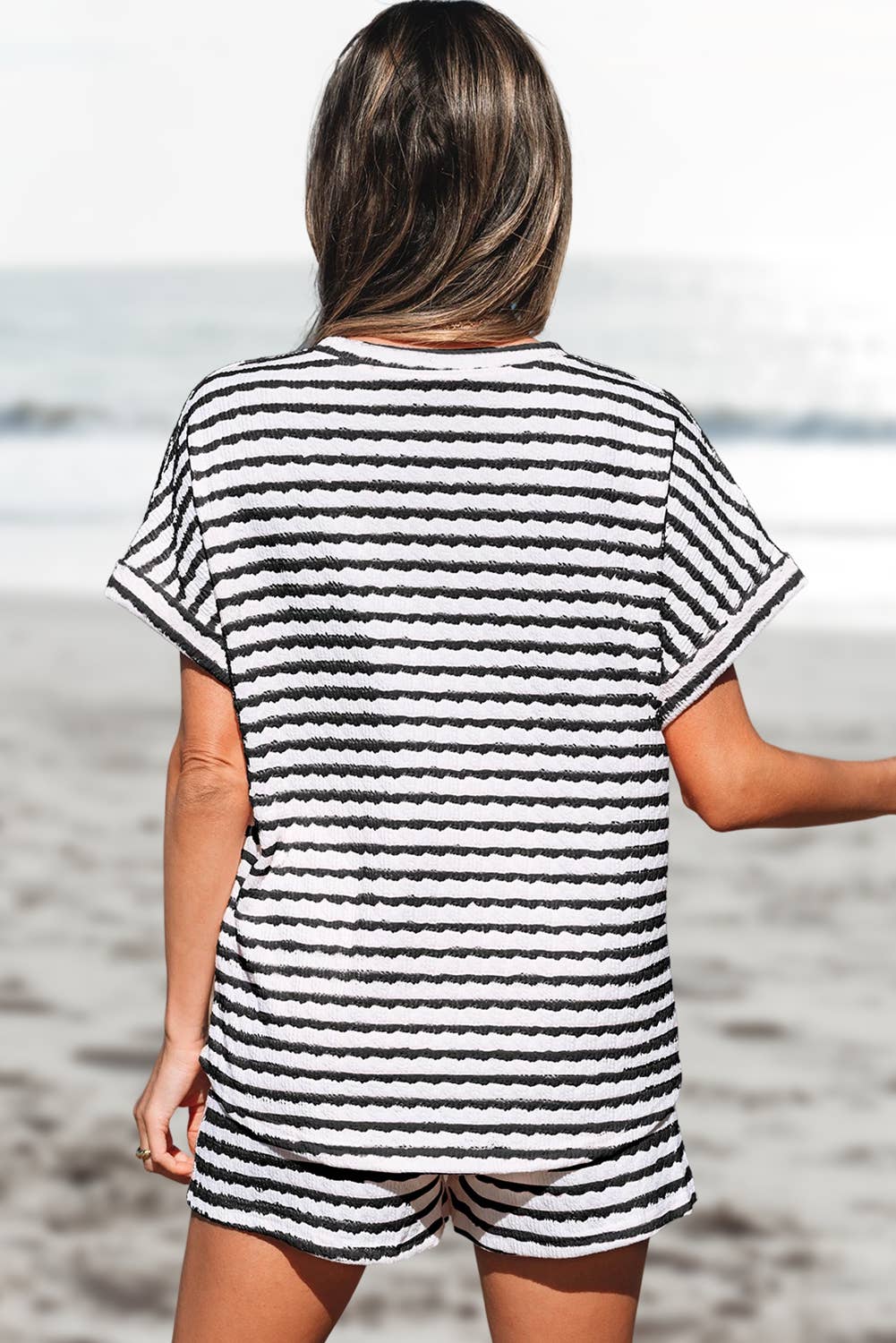 Stripe Knitted Top and Drawstring Shorts Set