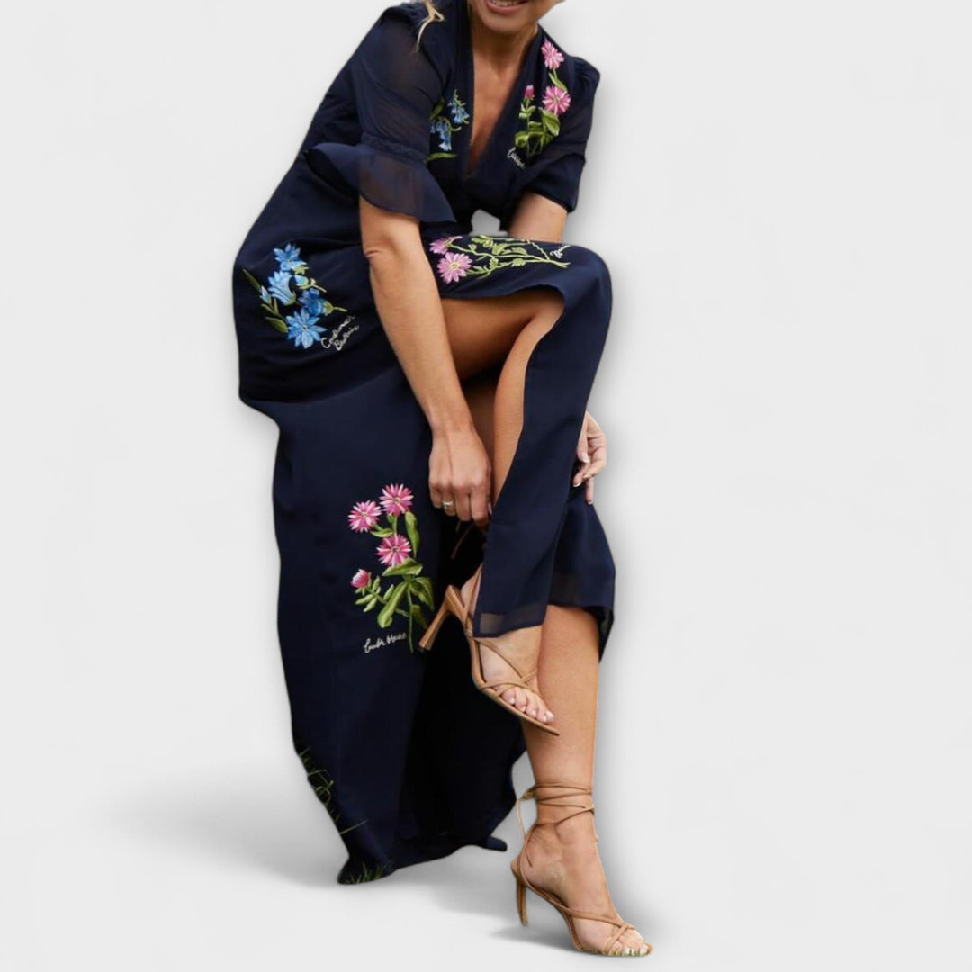 Beatrice - Sophisticated Navy Blue Dress Adorned with Floral Embroidery