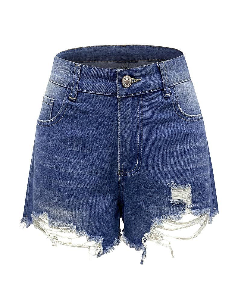 High Waist Distressed Washed Denim Shorts