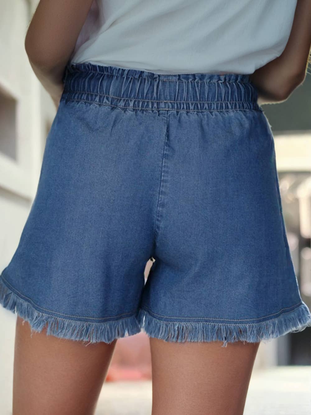 Raw Hem Drawstring High Waist Denim Shorts with Pockets