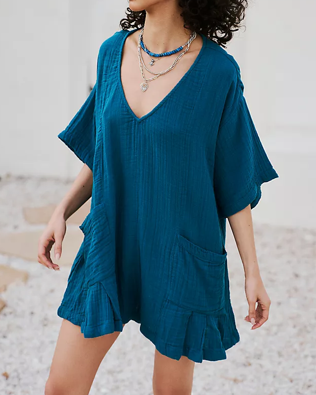 Flouncy Shapeless V-Neck Draped Sleeves Romper