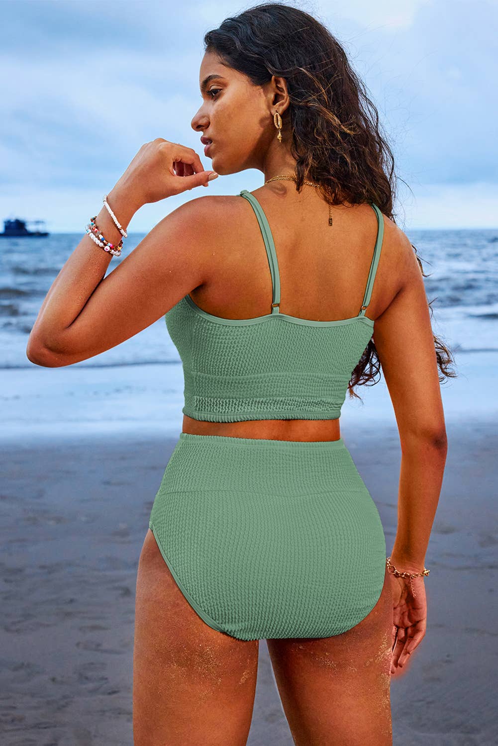 Textured Color Block / Solid High Waist Bikini Set | S-2XL