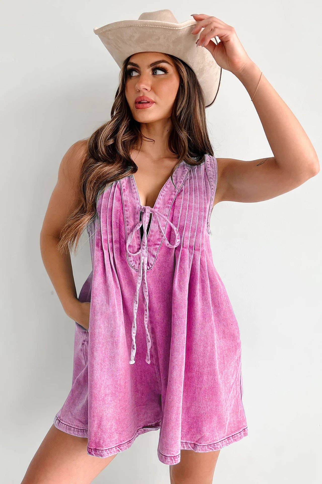 Ladies Tie Front V-Neck Sleeveless Denim Romper