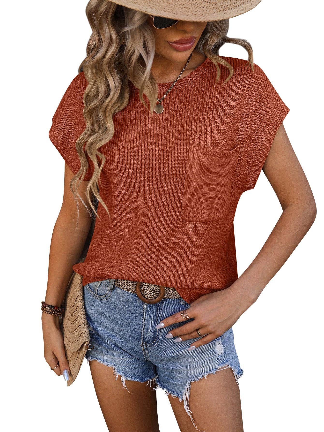 Crewneck Pocket Trim Top Short-sleeved Sweater