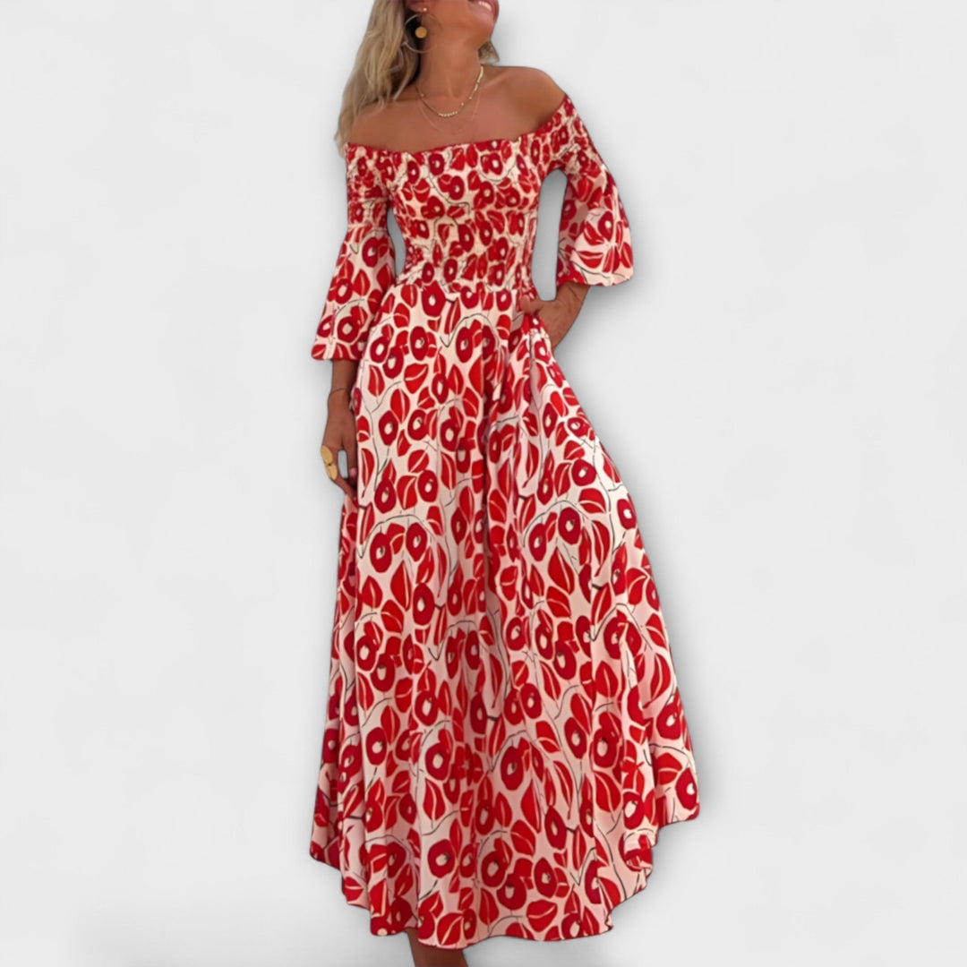 Bella - Off-Shoulder Floral Dress with Ocean-Inspired Design