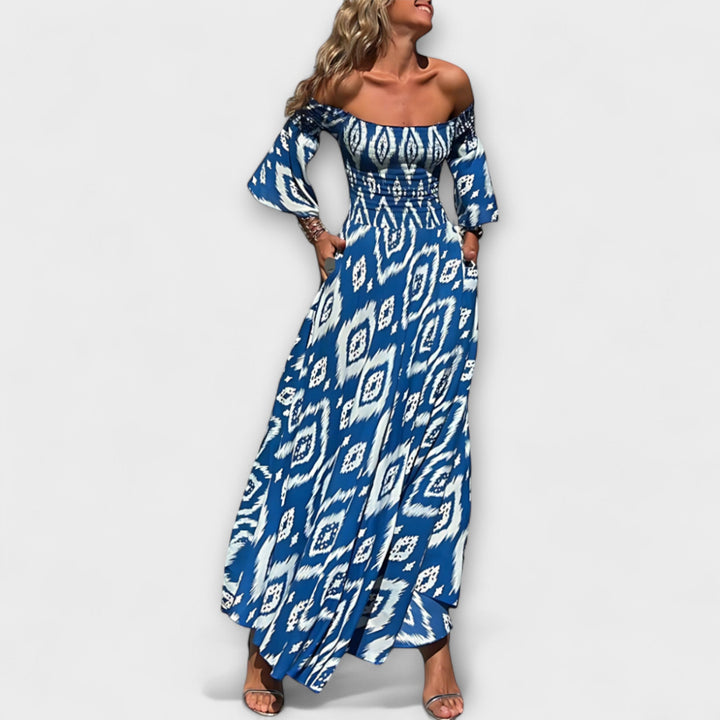 Bella - Off-Shoulder Floral Dress with Ocean-Inspired Design