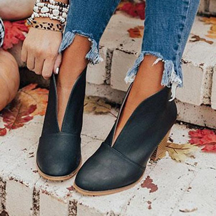 Women's Slip-On Ankle Boots - Almond Toe Design - Chunky Stacked Heel - Casual Style