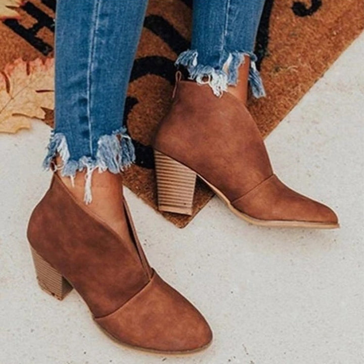 Women's Slip-On Ankle Boots - Almond Toe Design - Chunky Stacked Heel - Casual Style