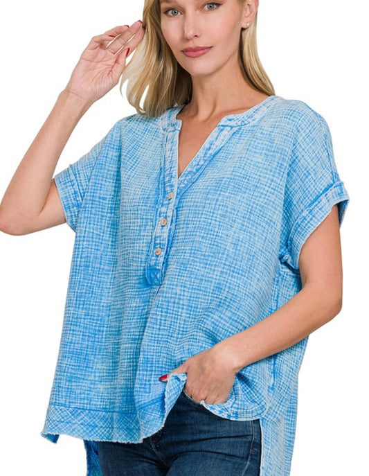 Washed 3/4 Button Tee