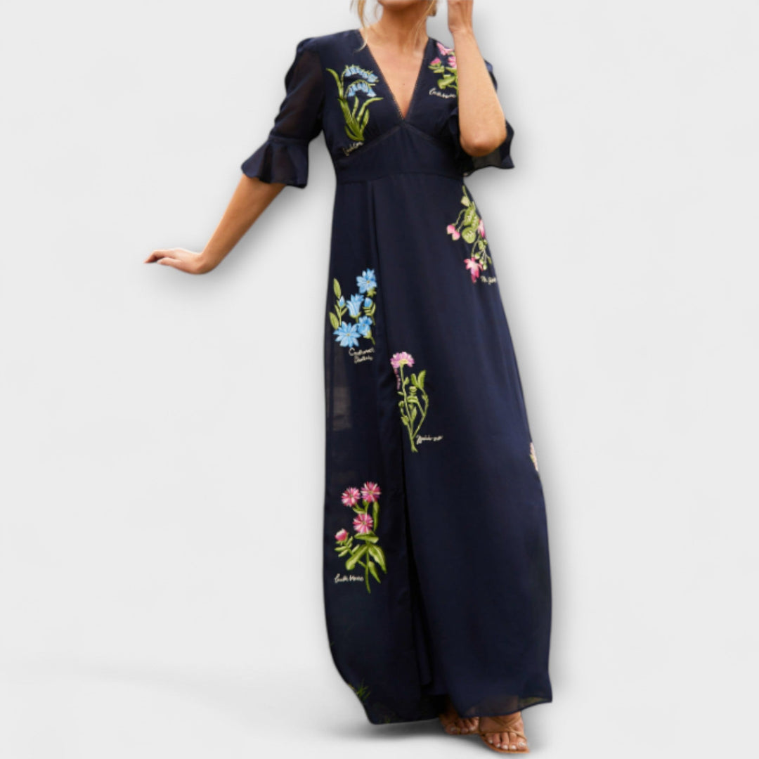 Beatrice - Sophisticated Navy Blue Dress Adorned with Floral Embroidery