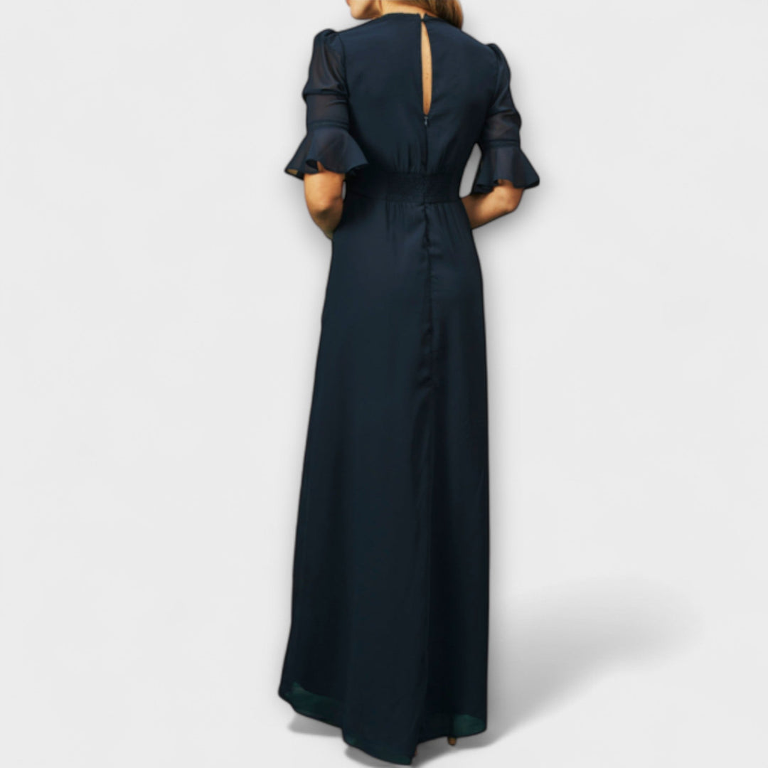 Beatrice - Sophisticated Navy Blue Dress Adorned with Floral Embroidery