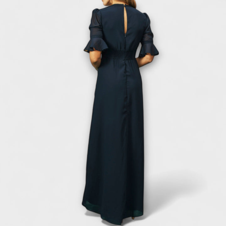 Beatrice - Sophisticated Navy Blue Dress Adorned with Floral Embroidery