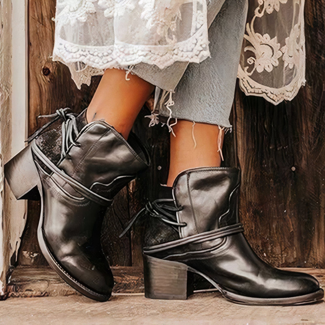 Women's Western Leather Ankle Boots with Block Heel and Wrapped Lacing Detail