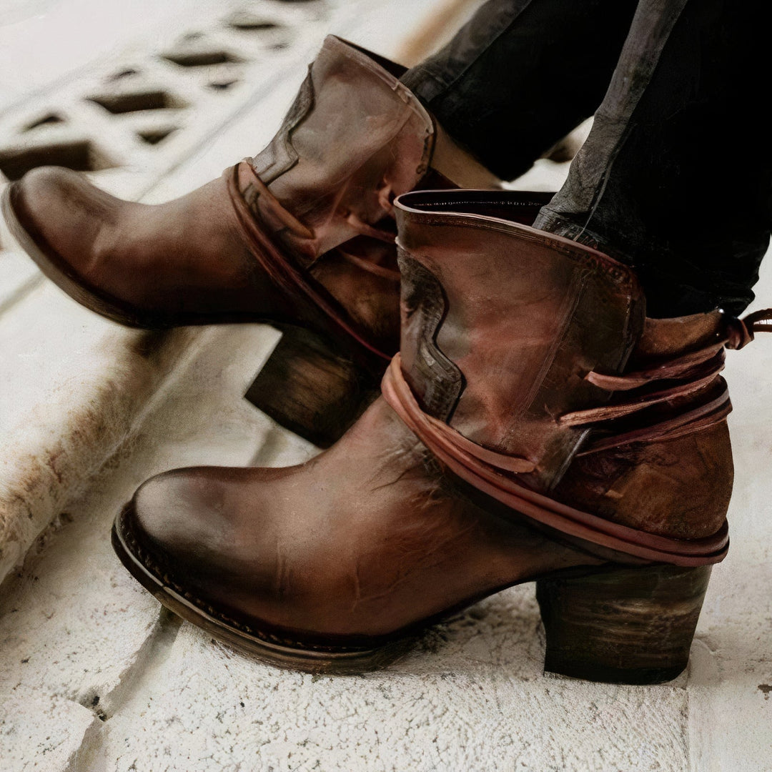 Women's Western Leather Ankle Boots with Block Heel and Wrapped Lacing Detail