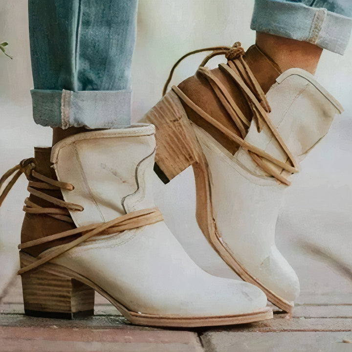 Women's Western Leather Ankle Boots with Block Heel and Wrapped Lacing Detail