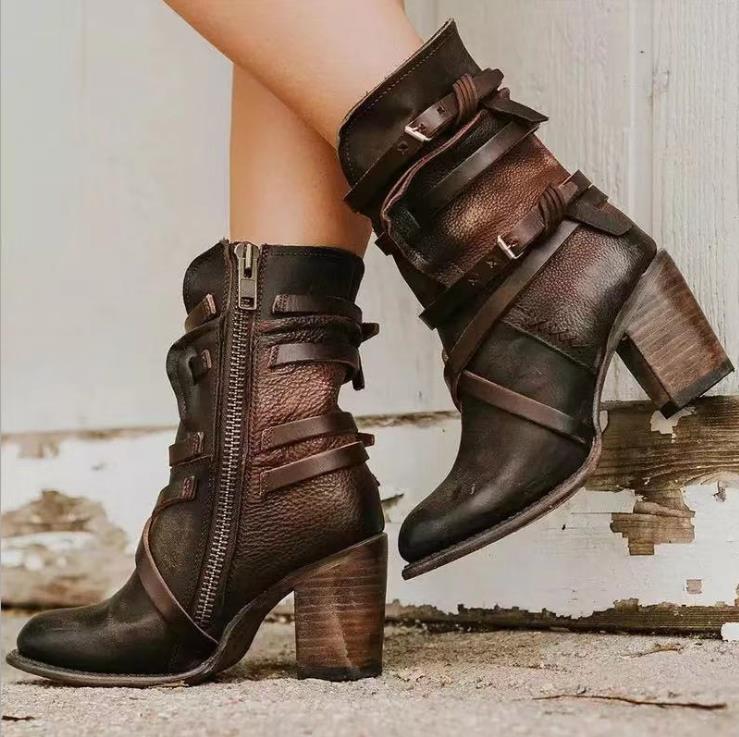 Women's Distressed Leather Ankle Boots - Slouchy Style with Buckle Straps and Block Heel