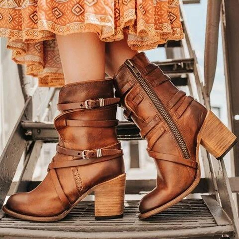 Women's Distressed Leather Ankle Boots - Slouchy Style with Buckle Straps and Block Heel