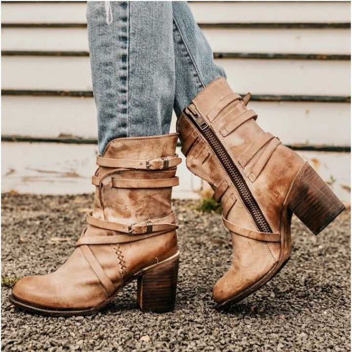 Women's Distressed Leather Ankle Boots - Slouchy Style with Buckle Straps and Block Heel