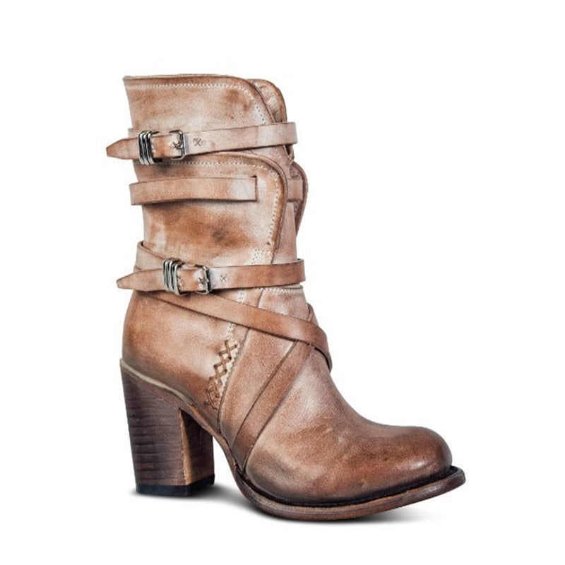 Women's Distressed Leather Ankle Boots - Slouchy Style with Buckle Straps and Block Heel