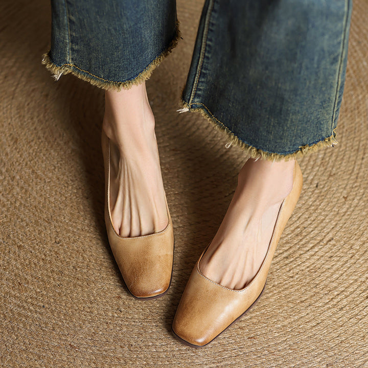 Elviera Square-Toe Leather Heels
