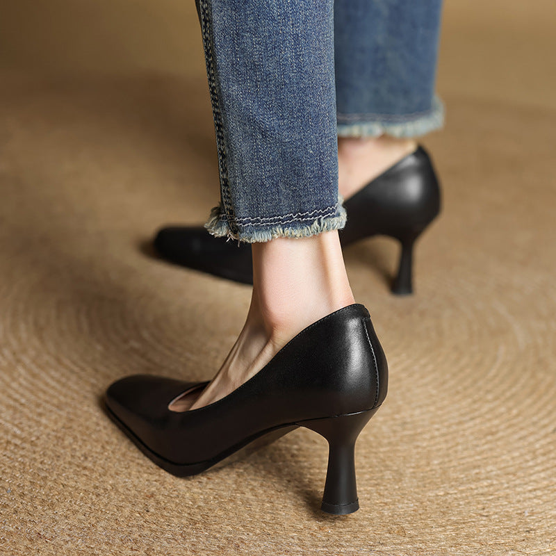 Elviera Square-Toe Leather Heels