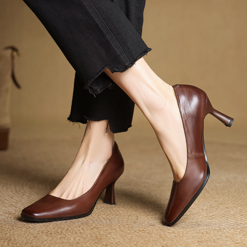 Elviera Square-Toe Leather Heels