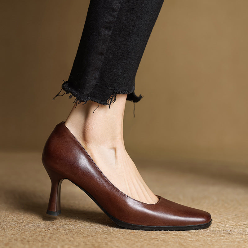 Elviera Square-Toe Leather Heels