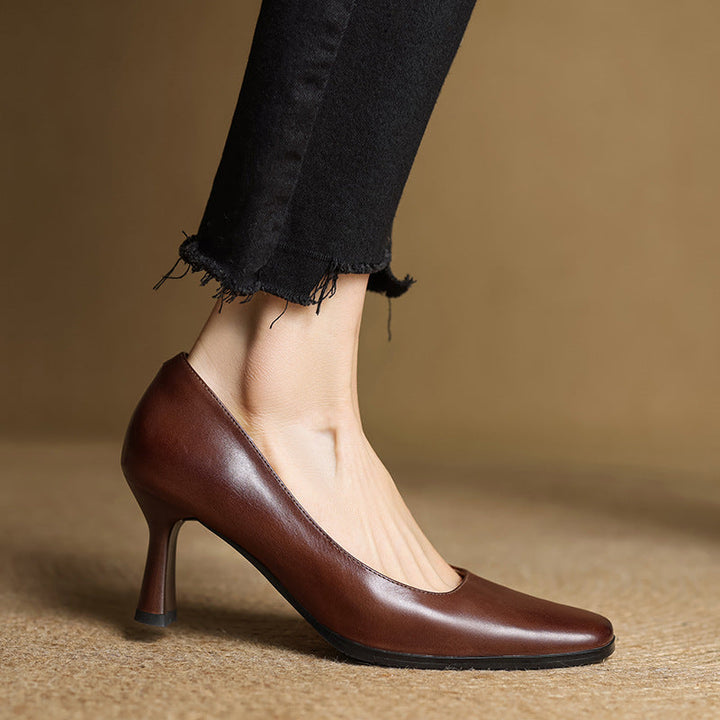 Elviera Square-Toe Leather Heels