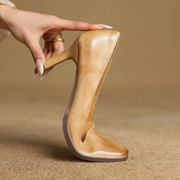 Elviera Square-Toe Leather Heels