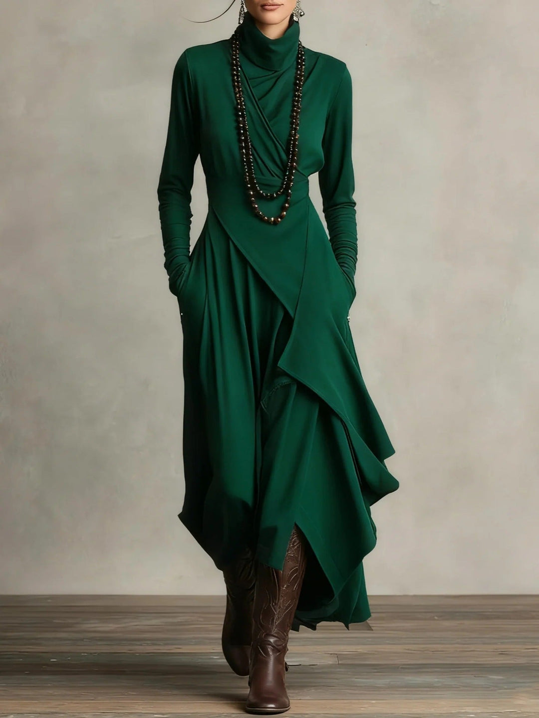 Natalia | Asymmetrical Knit Maxi Dress with Roll Neck