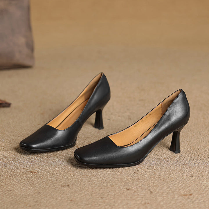 Elviera Square-Toe Leather Heels
