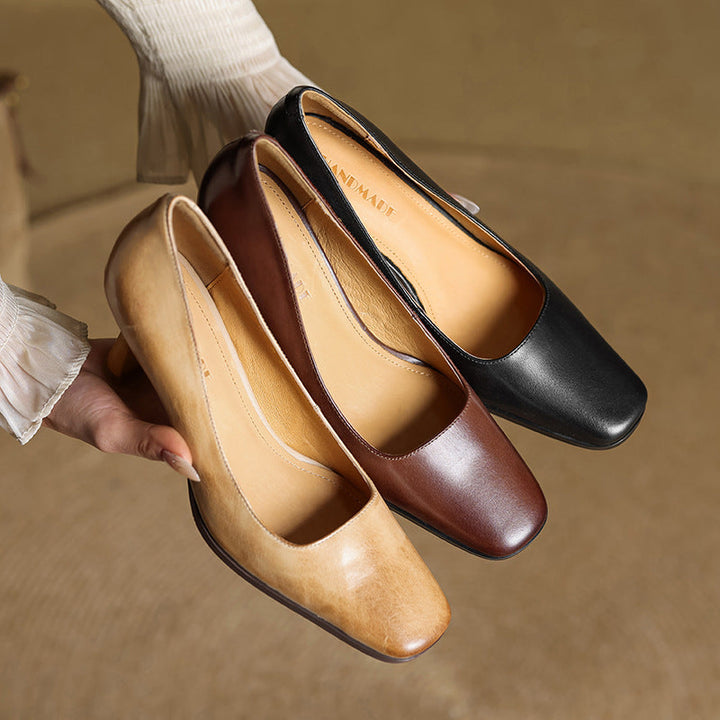 Elviera Square-Toe Leather Heels