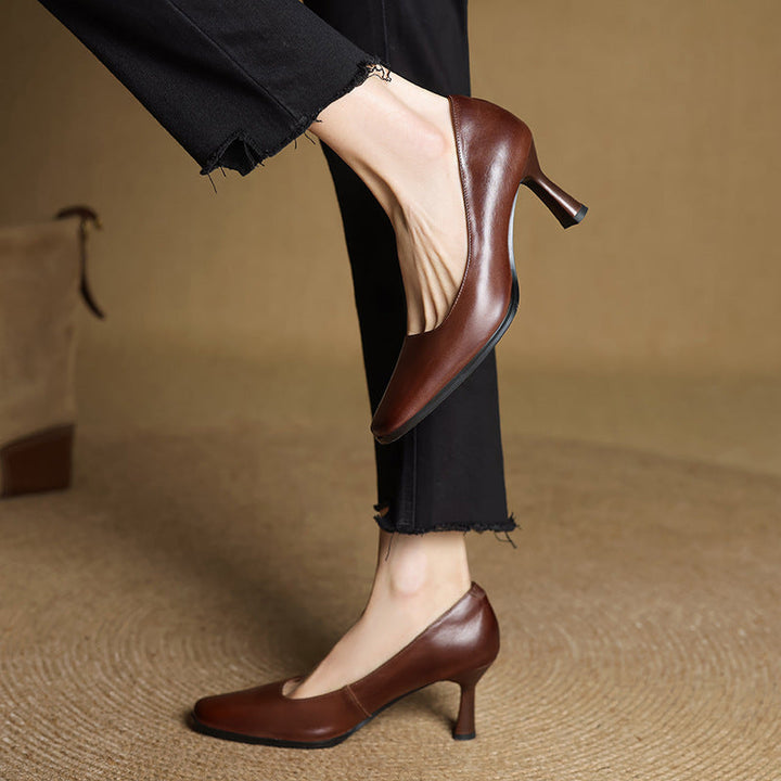 Elviera Square-Toe Leather Heels