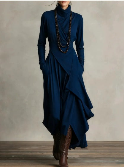 Natalia | Asymmetrical Knit Maxi Dress with Turtleneck