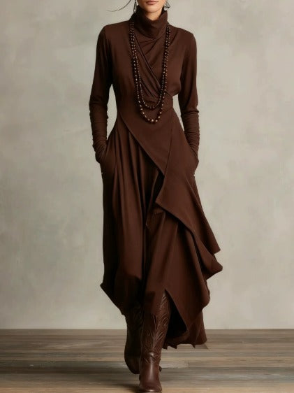 Natalia | Asymmetrical Knit Maxi Dress with Roll Neck